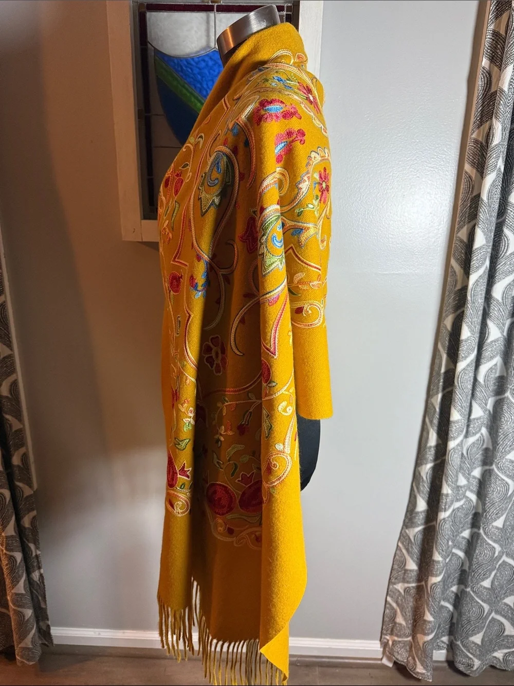 Cashmere Embroidered Shawl Wrap Scarf Mustard Gold Floral Pomegranate⁠